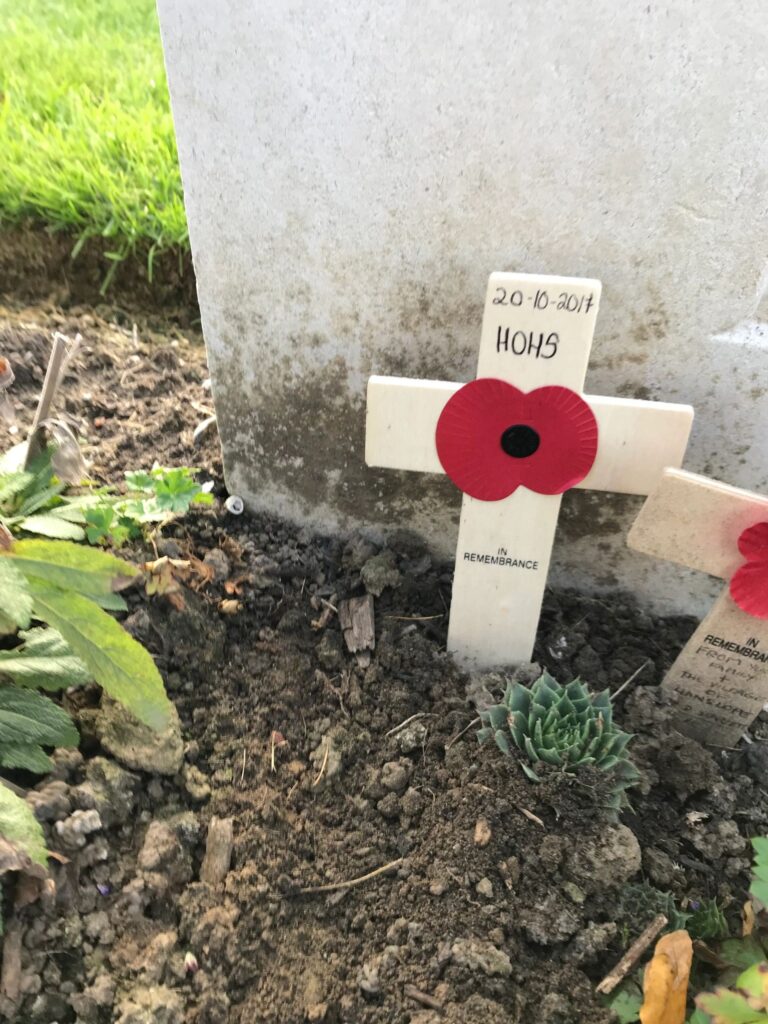 A small remembrance cross with a red poppy planted in the ground